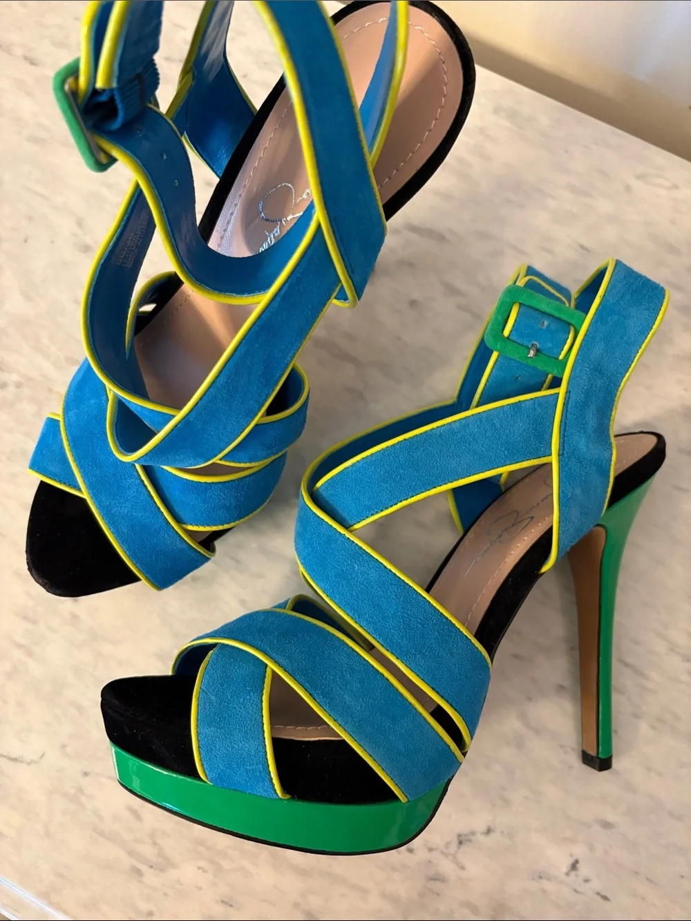 Jessica Simpson Turquoise & Green Strappy Suede Platform Heels Yellow Trim 8/38 - Picture 14 of 15